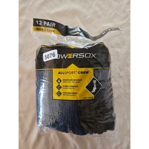 Powersox Mens Allsport Crew Socks 12 Pair Black Moisture Wicking Size 6-12 NEW